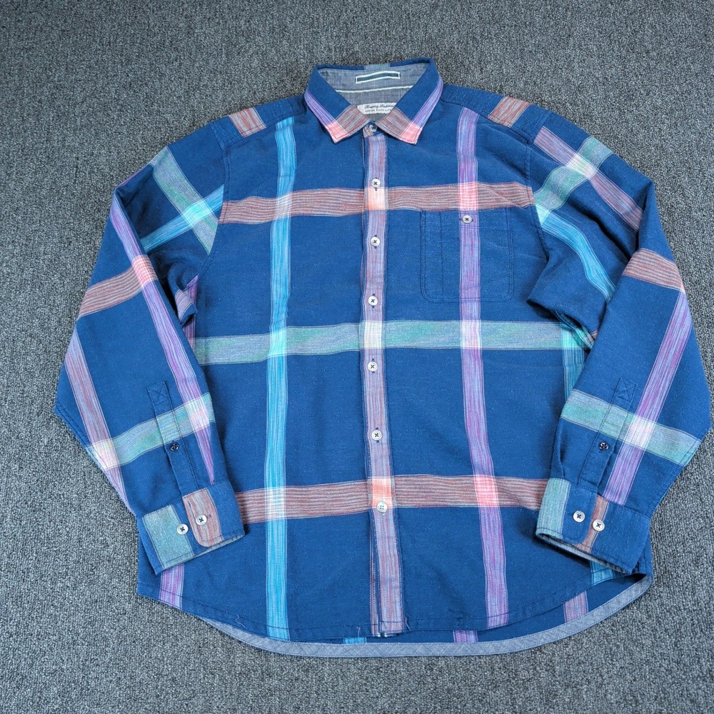 Tommy Bahama Canyon Beach Flannel Shirt Women Large Blue Plaid Tencel Cotton L